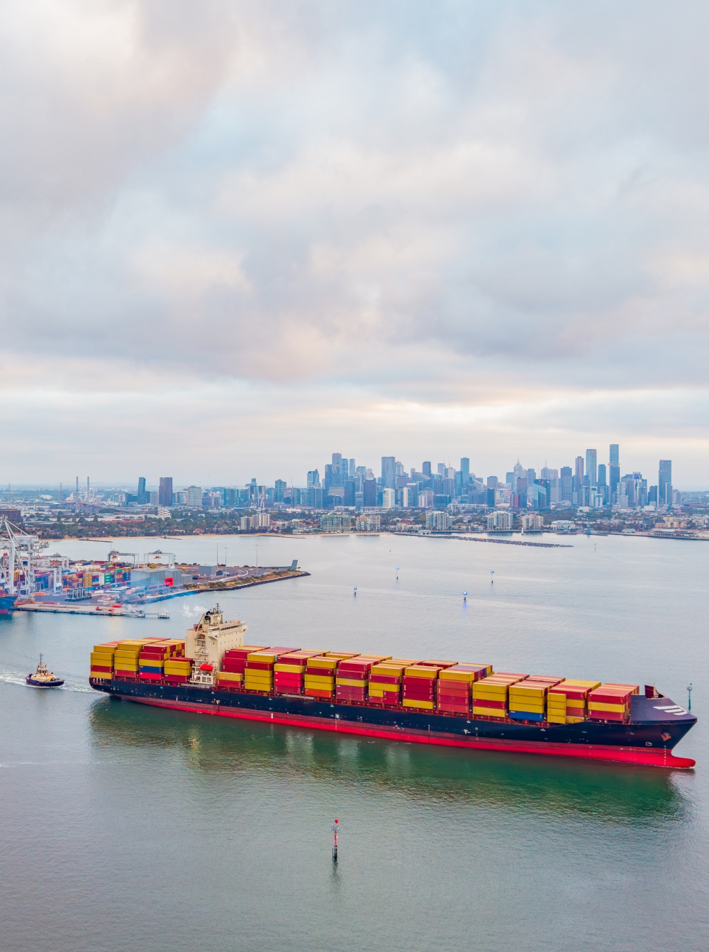 Container ship leaving the Port of Melbourne